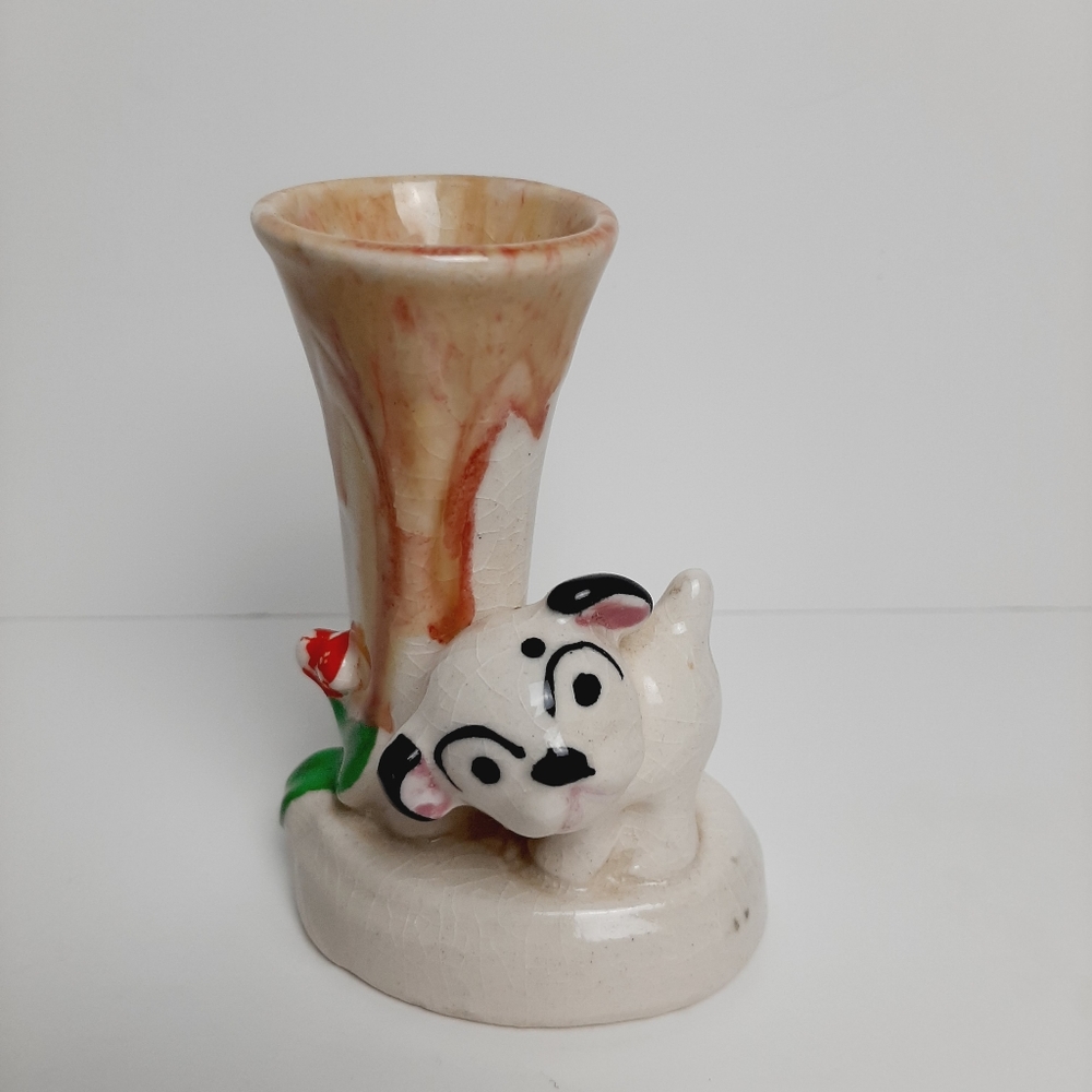 🍒 Vintage Small Bud Vase with Puppy Figurine and Flower